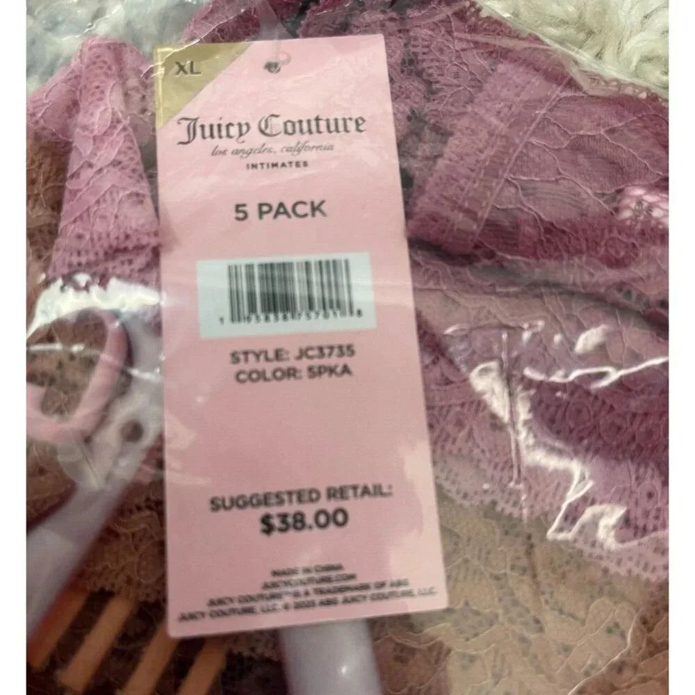 Juicy Couture XL Lace Pink-Brown Array Of Colors Logo No-Line Thong Panties-5 Pk